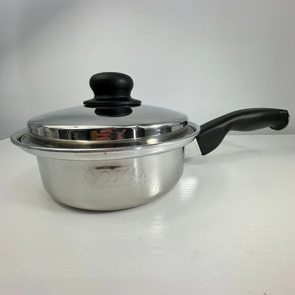 Cutco 2 QT 5 Ply Aluminum Core Stainless Saucepan with Lid  USA Silver Black 7in
